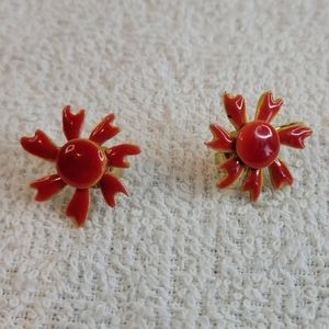 Vintage Red glazed clip on earrings flower  poinsettia festive
